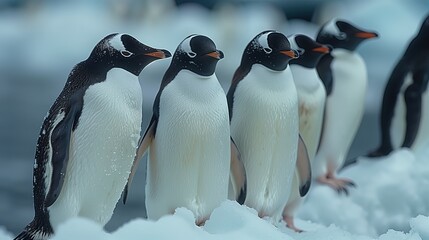 Group of penguins standing on a snow mound in Antarctica.