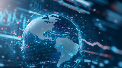 globe surrounded by financial charts and graphs showing rising inflation rates. Overlay the globe with visual elements like increasing price tags, currency devaluation, and economi