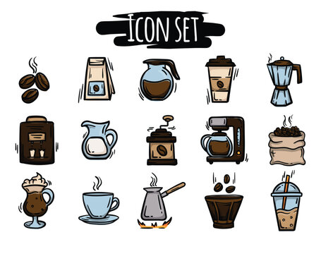 Simple vector hand drawn icon set related to coffee, drinks, cafe. Signs and symbols of coffee beans, coffee machine, accessories for making cappuccino, latte
