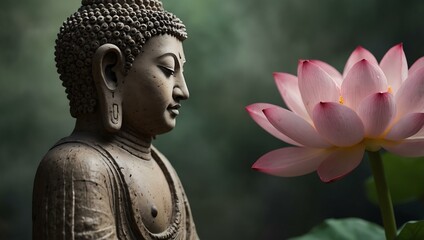 Serene Buddha profile with a pink lotus flower.