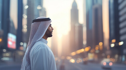Obraz premium figure of an Arab businessman in traditional attire is overlaid on a bright, vibrant modern cityscape. The city should include elements of modern business, such as corporate towers
