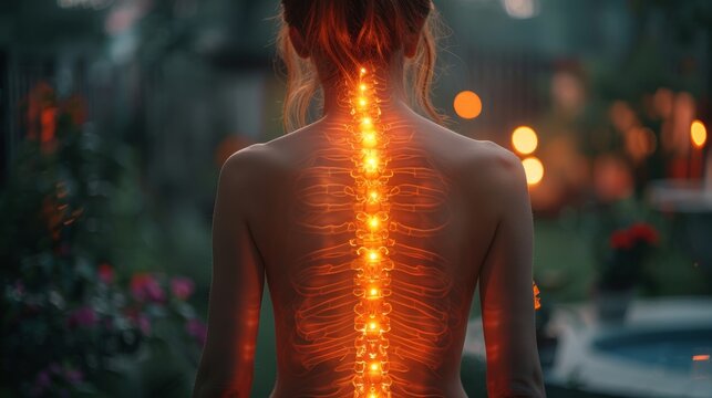 Woman with Glowing Spine, Representing Neural Network, Nervous System, Anatomy, and Healthcare