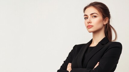 A woman in a black suit is standing with her arms crossed
