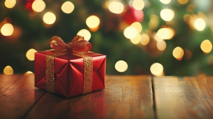 gift box on table with blur Christmas tree and golden festive bokeh light background for special holiday