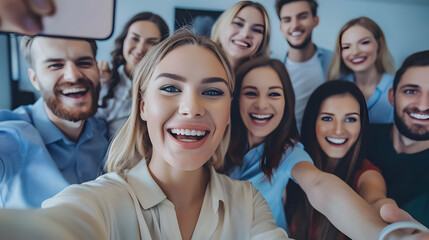 Fototapeta premium Smile, selfie, and group of business people in office taking pictures for social media. Diversity portrait, collaboration, and happy friends, men and women laughing and taking photo for profile