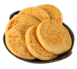 Six Venezuelan arepas on a plate, cropped and ready for advertising and packaging.