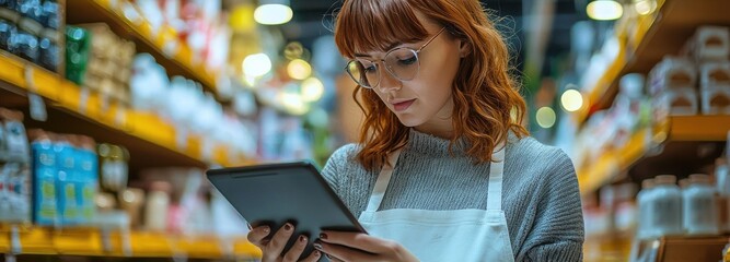 Young woman with glasses using digital tablet in a grocery store aisle while wearing an apron, focused on work