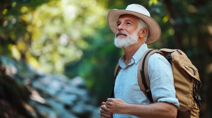 A man wearing a hat and sunglasses is smiling and wearing a backpack