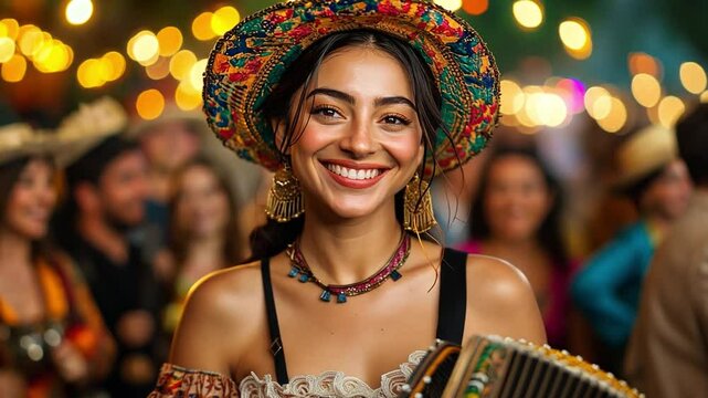This vibrant festival atmosphere is created as a woman joyfully plays the accordion.
