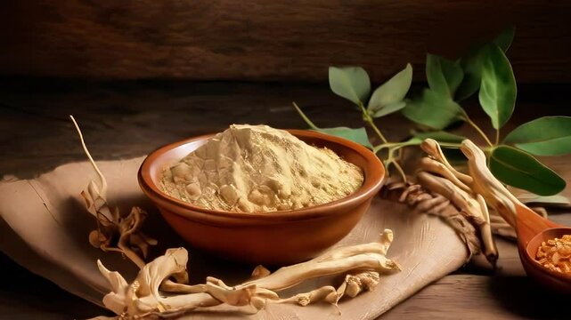 Ashwagandha product video advertisement, ashwagandha root finely ground, small bowl, wooden spoon, Soft natural light, earthy tones, neutral background, wooden board, burlap cloth, yellow hue