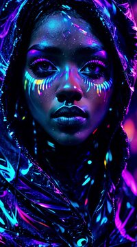 Neon punk style, a beautiful black African cyborg, cyborg woman, cyberpunk, cyberware, cyber implants, neon, vibes, ultramodern fashion with neon colours