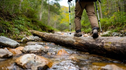 Hiker balancing on a fallen log over a stream, trekking poles in use, hiking trail gear, trail navigation challenge