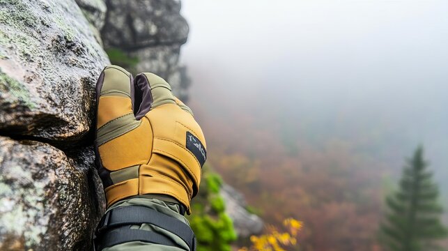 Hiker s gloves gripping a rock face, mist in the background, hiking trail gear, secure in tough conditions
