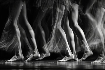 A group of ballet dancers performing in black and white attire, showcasing graceful movements and poses, The rhythmic movement of legs in motion