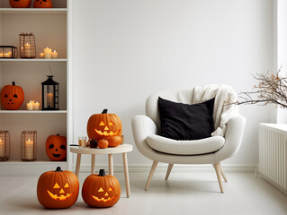 Scandinavian scandi modern minimalist cozy living room interior with fall and halloween decor