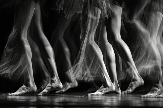 A group of ballet dancers performing in black and white attire, showcasing graceful movements and poses, The rhythmic movement of legs in motion