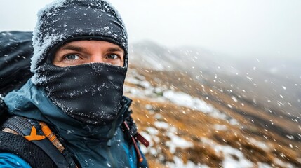 Hiker wearing a windproof balaclava, snow flurries in the air, mountain pass ahead, hiking trail gear, extreme cold weather gear