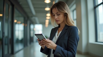 Latin mature adult professional business woman looking at online trade app. European businesswoman CEO holding digital tablet using tab application technology at workplace office. Banner, copy space