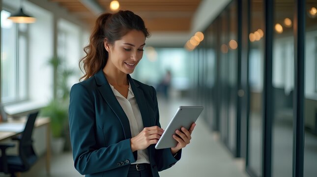 Latin mature adult professional business woman looking at online trade app. European businesswoman CEO holding digital tablet user of tab application technology at workplace office. Banner, copy space