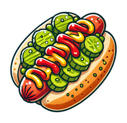 Vibrant Clip Art Sticker of a Hot Dog in a Bun Topped with Pickles, Ketchup, and Mustard for a Fun and Colorful Design