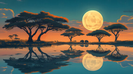 Moonlit African Savanna Landscape with Reflections in a Tranquil River