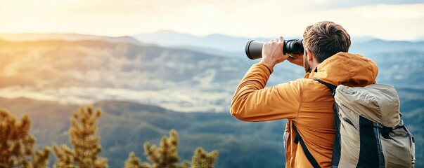 Fototapeta premium Man using a compact, high-powered binocular on a mountain top, valley view, hiking trail gear, long-distance vision