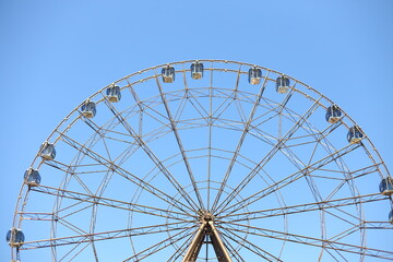A large ferris wheel situated in the center of a public park, surrounded by greenery and possibly people