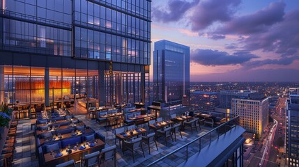 Captivating city sunset view outdoor dining setup with ample space for personalized text