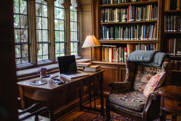 A contemporary study room furnished with a desk, chair, bookshelf, and laptop for academic or work purposes, The serenity of a quiet study nook in the library