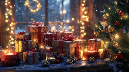 Zauberhafte Weihnachtsmomente: Strahlende Kerzen erhellen ein Bild von perfekt verpackten Weihnachtsgeschenken, eingeh&Atilde;&frac14;llt in die warme Atmosph&Atilde;&curren;re der Feiertage. Besinnliche und festliche Stimmung.