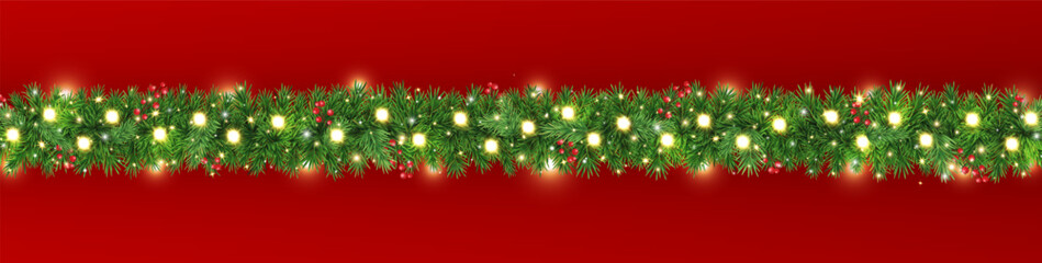 Green fir branches with glitter stars, golden light and berries on red background. Christmas garland border. New Year card. Winter Holiday background. Xmas evergreen plant banner. Vector illustration