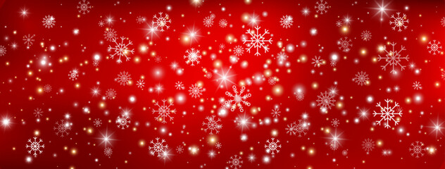 Christmas red background with snow, white falling snowflakes, glowing light. Snowy winter design. Gold glitter star and particle. Magic snowfall. New Year background. Fairy bulb. Vector illustration