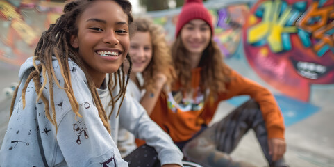 Smiling friends sitting in a skate park.