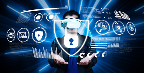 Manager wearing suit and VR glasses while accessing in security system. Business man connecting with global network and verify identity. Artificial intelligence. Technology innovation. Ingenuity.