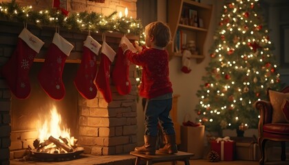 Children standing by the fireplace, surrounded by Christmas decorations, smiling with excitement as they admire the festive ornaments and cozy warmth of the holiday season