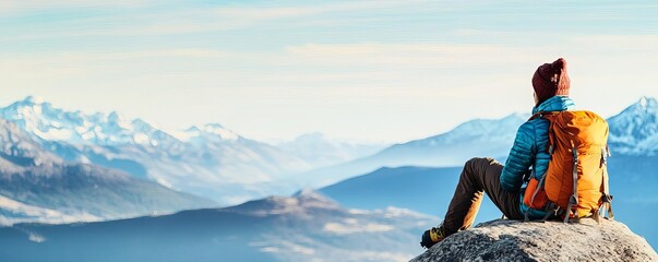 Scenic view of a hiker resting on a rock, panoramic mountain backdrop, hiking trail gear, pause to admire the view