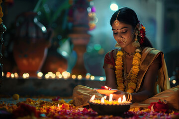 A woman in a red sari holds a lit fire in a bowl.