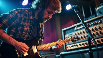 This musician passionately plays guitar during a live performance at a small venue.