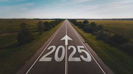 Road to 2025: an empty stretch of road with the year 2025 inscribed on it and an arrow pointing skyward to symbolize the future, success, and optimism of the upcoming year 2025 