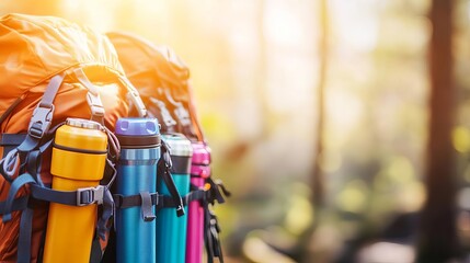 Naklejka premium Vibrant shot of hydration packs with various color tubes, sunlight filtering through, hiking trail gear, hydration with style