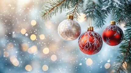 Decorative christmas baubles hanging from snowy fir branch. Bokeh background.
