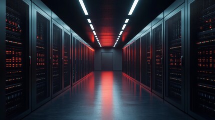 Explore a 3D hyperrealistic server room featuring detailed concepts created with Redshift, showcasing innovative technology in a controlled environment