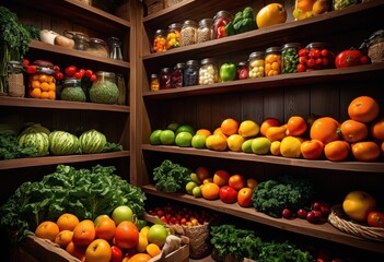 Obraz premium colorful vibrant pantry filled fresh including fruits showcasing abundance natural ingredients, freshness, healthy, organic, greens, herbs, tomatoes