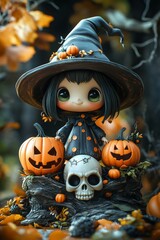 Fototapeta premium Whimsical Halloween Witches and Pumpkins - Festive, Spooky, and Playful Halloween Art