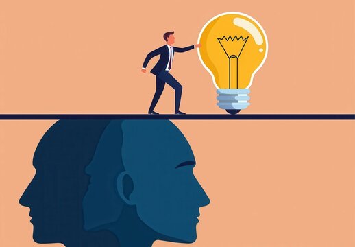 A businessman reaches for a glowing light bulb symbolizing innovation and ideas, contrasting with shadowy heads representing thoughts or challenges beneath.