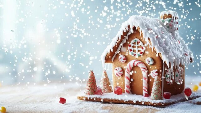 A festive gingerbread house adorned with candy and icing sits on a wooden table with sparkling snowfall in the background, copy space