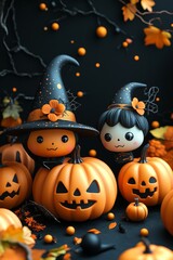 Whimsical Halloween Witches and Pumpkins - Festive, Spooky, and Playful Halloween Art