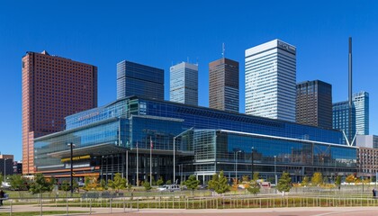 Obraz premium Urban skyline with solar panels and wind turbines, clear sky for text, sustainable city concept