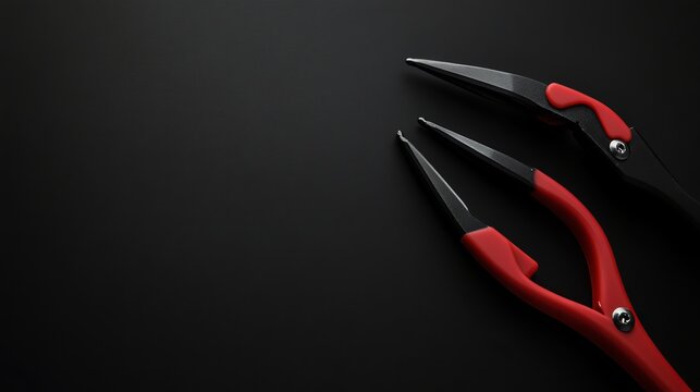 Red and black pliers stand out against a black backdrop, with a blank area for writing.