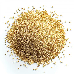 A pile of yellow quinoa seed. The quinoa is piled up in a heap. Top view